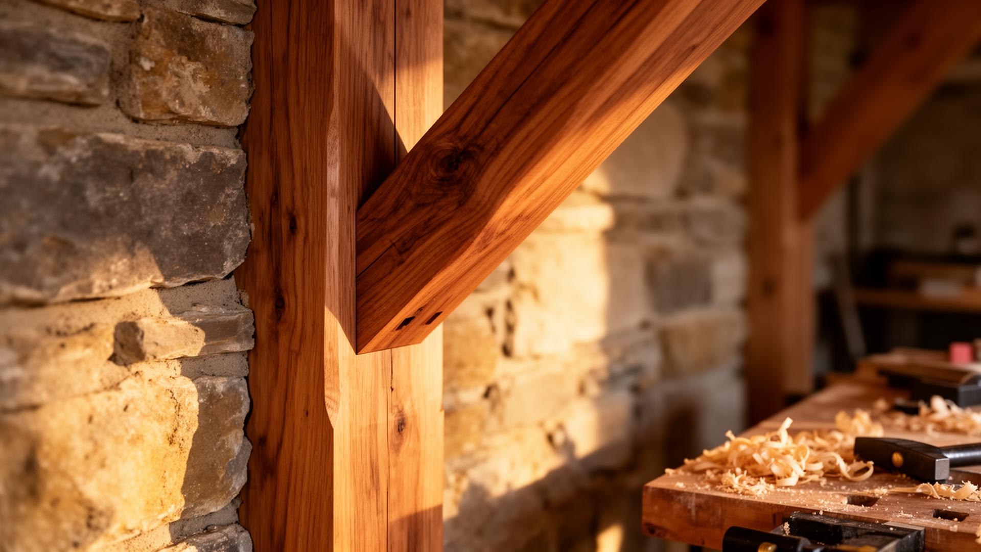 Hand-crafted timber joinery against a sandstone wall
